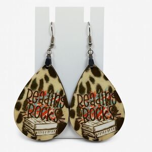 “Reading Rocks” Leopard Print Teardrop Dangle Drop Earrings Teacher Book Lover